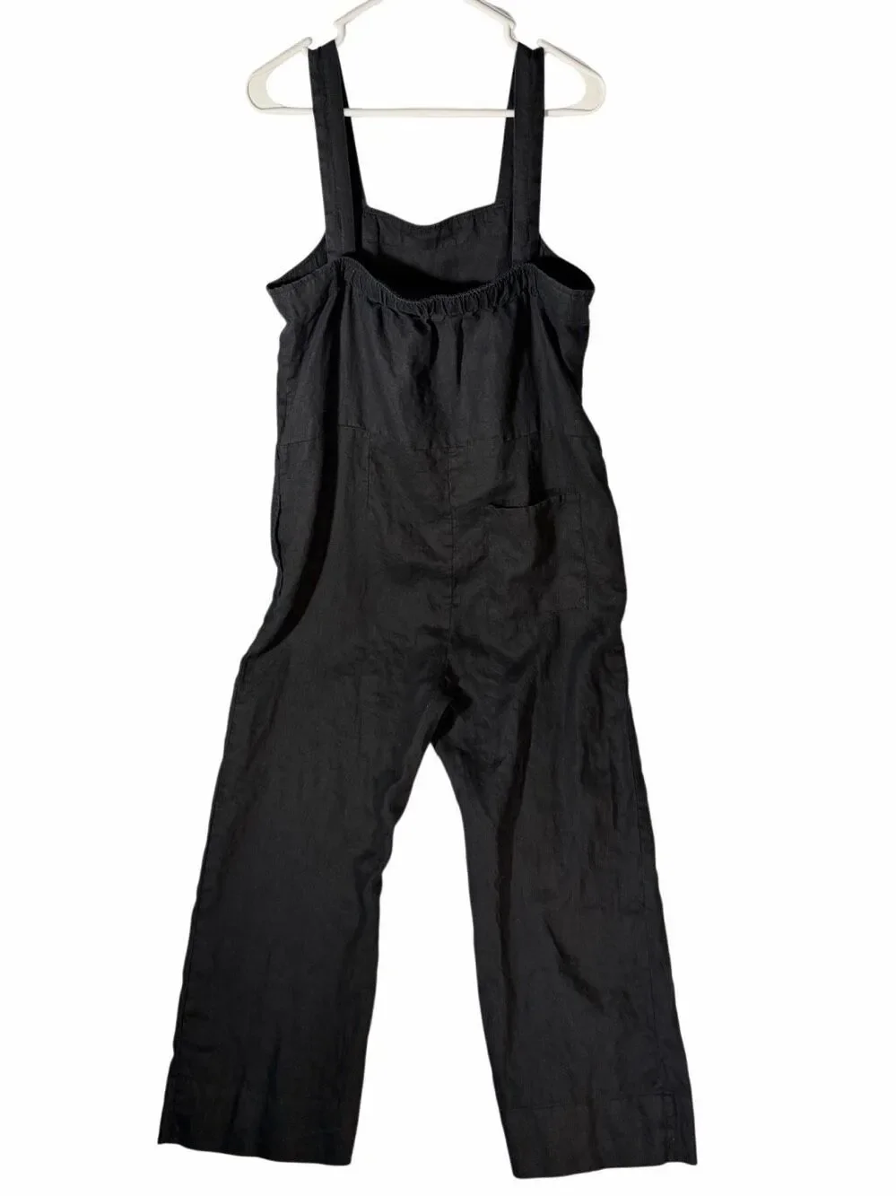 Quince Large Black 100% European Linen Square Neck Wide Leg Jumpsuit Pockets